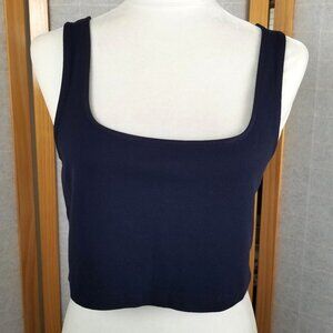 Navy Blue Crop Tank Top Size Large Lou & Grey Stretch Knit Square Neckline